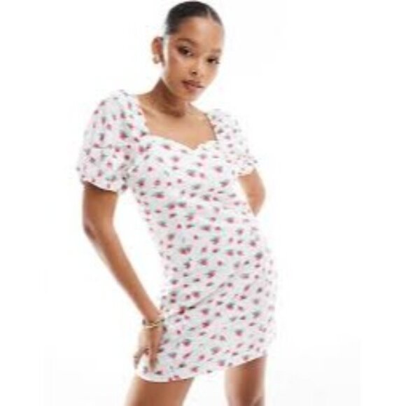 NWT Vero Moda Large White Vintage Floral Puff Sleeve Mini Dress Cotton Blend - Picture 1 of 16